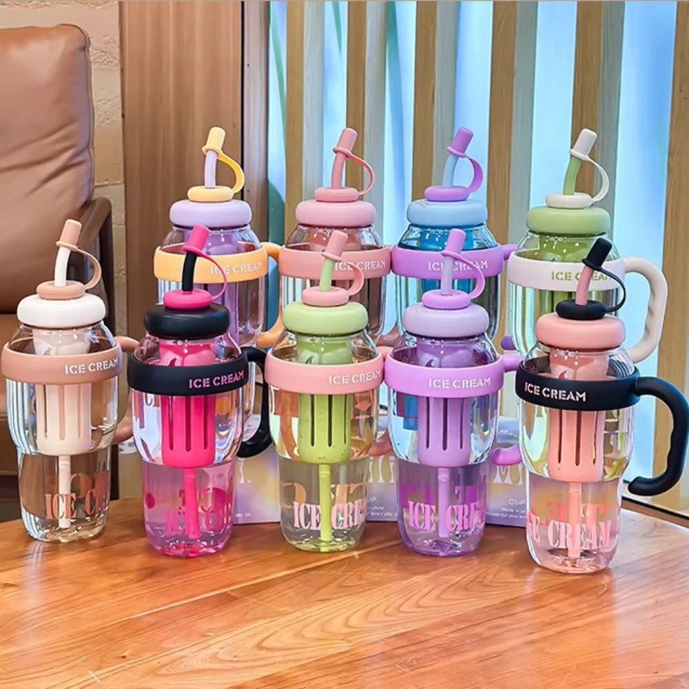 Cute Ice Cream Style Water Bottle With Straw