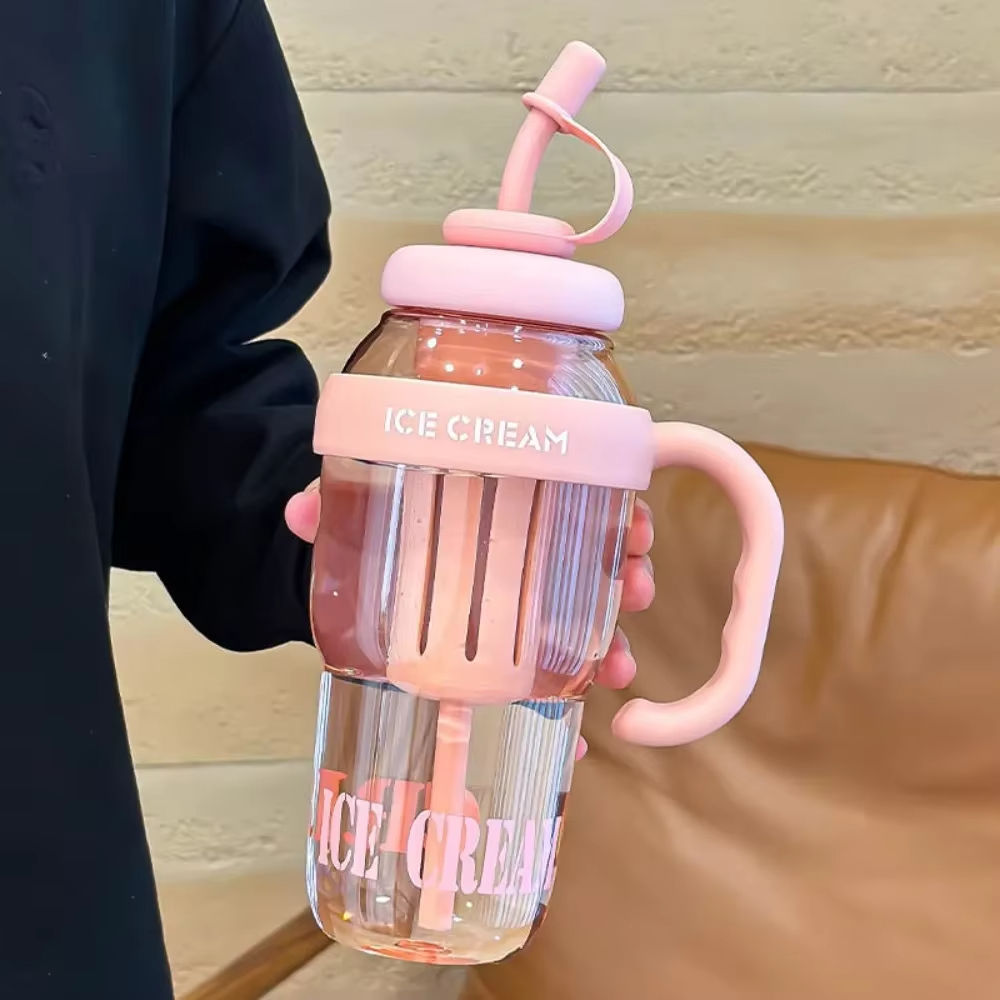 Cute Ice Cream Style Water Bottle With Straw - Image 2