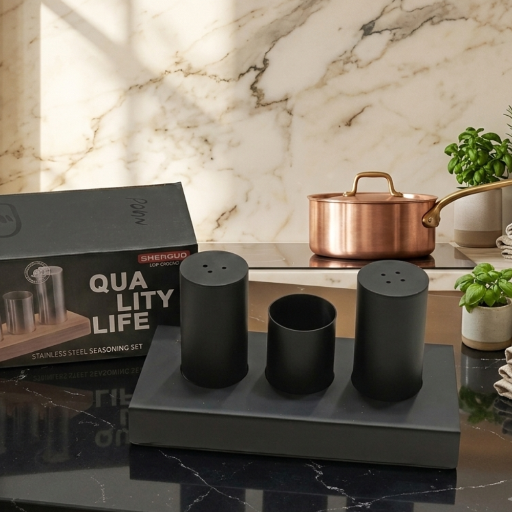 Luxury Stainless Steel Salt & Pepper Shaker Set with Toothpick Holder - Image 2