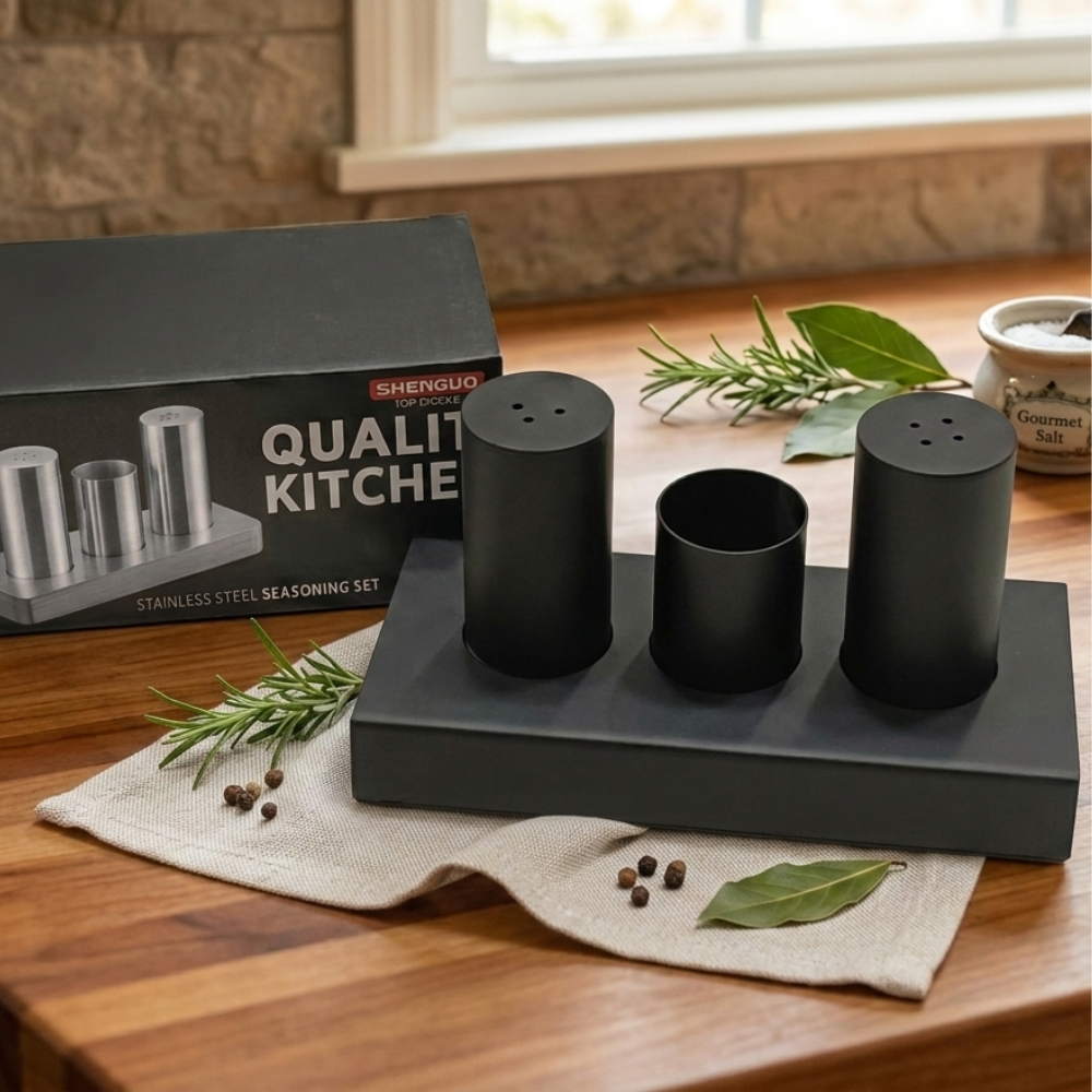 Luxury Stainless Steel Salt & Pepper Shaker Set with Toothpick Holder